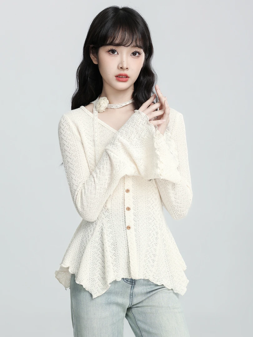 法式喇叭袖镂空长袖打底衫女秋季开衫千金miu系高级感巨好看上衣