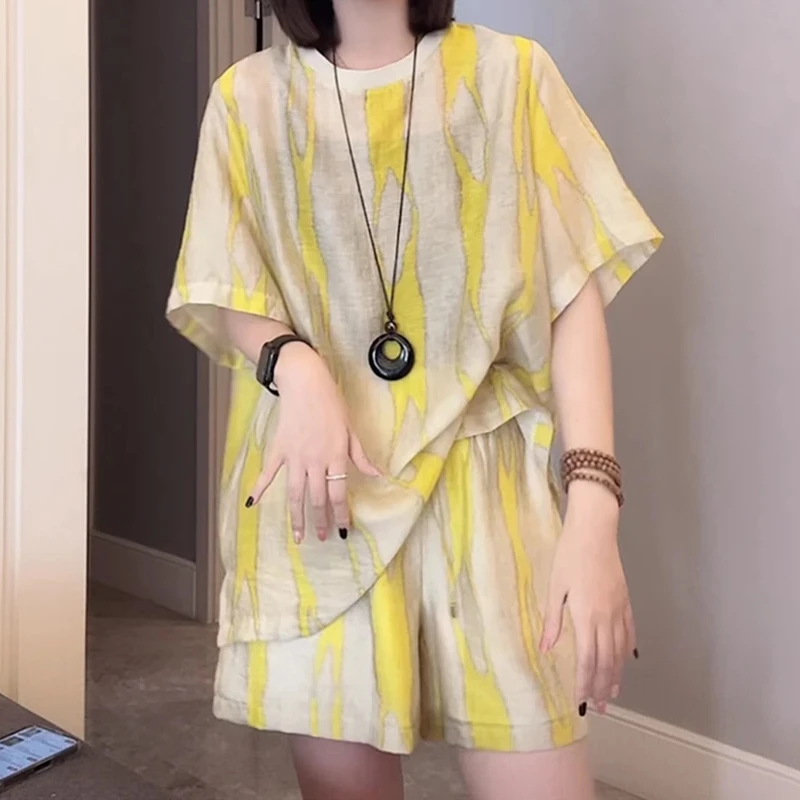 时尚洋气减龄休闲套装女2025夏季新款圆领短袖宽松阔腿短裤两件套