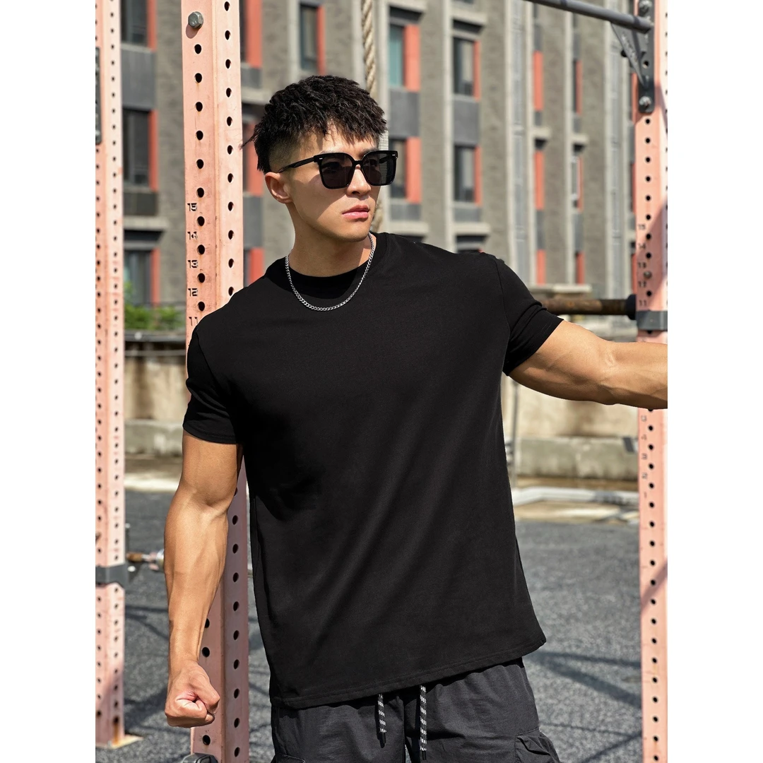 男士运动休闲宽松棉质健身圆领T恤夏季纯色弹力百搭时尚简约