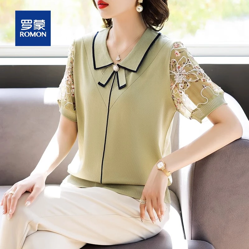 母亲节妈妈夏装针织短袖T恤中年女冰丝上衣服中老年遮肚小衫新款