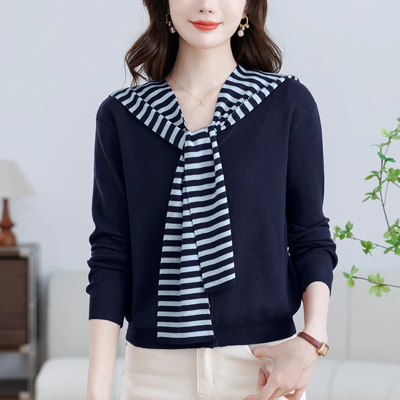 围巾领上衣春秋外搭洋气妈妈针织开衫2025新款短款休闲毛衣外套女