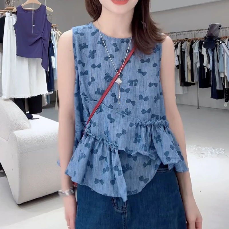 不规则荷叶边无袖背心衬衫女夏季2025新款蝴蝶结印花减龄体恤上衣