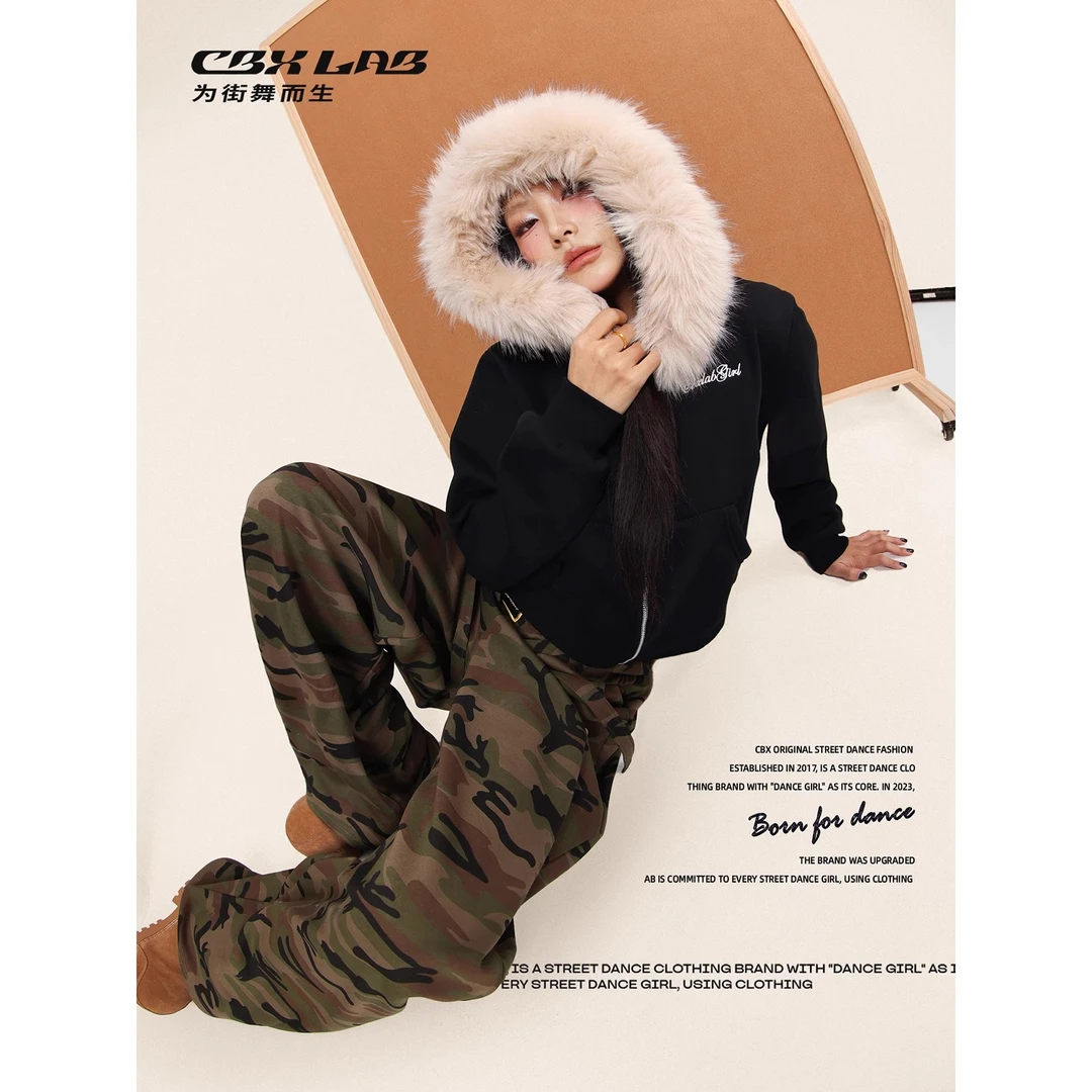 CBXLAB街舞潮牌黑色毛领加绒连帽短款外套爵士辣妹美式开衫长袖女