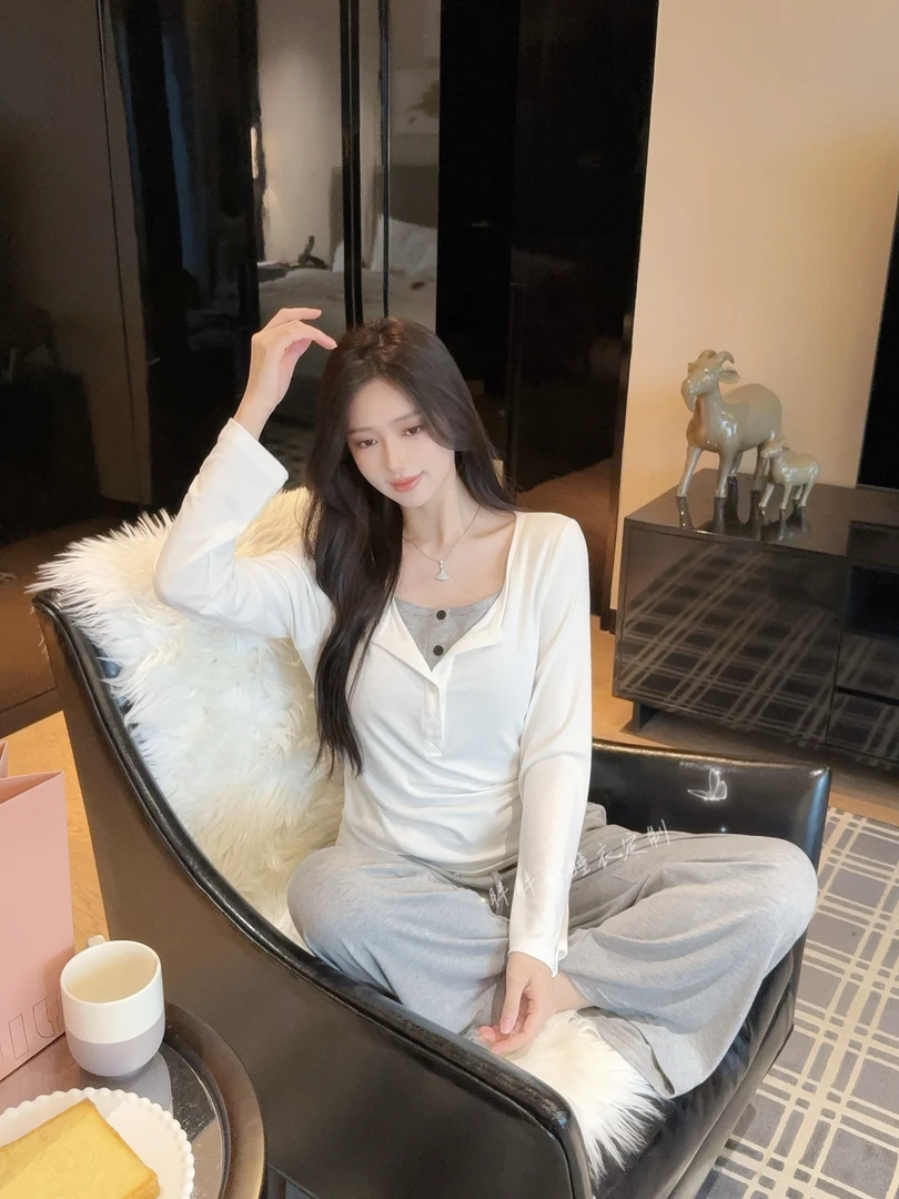 【气质女神】纯欲风睡衣女带胸垫秋季长袖代尔棉家居服气质可外穿