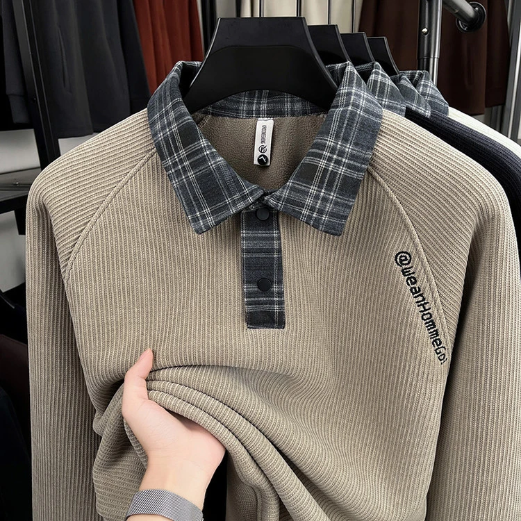 秋冬轻奢痞帅男士加绒加厚衬衫领卫衣时尚舒适保暖百搭打底衫