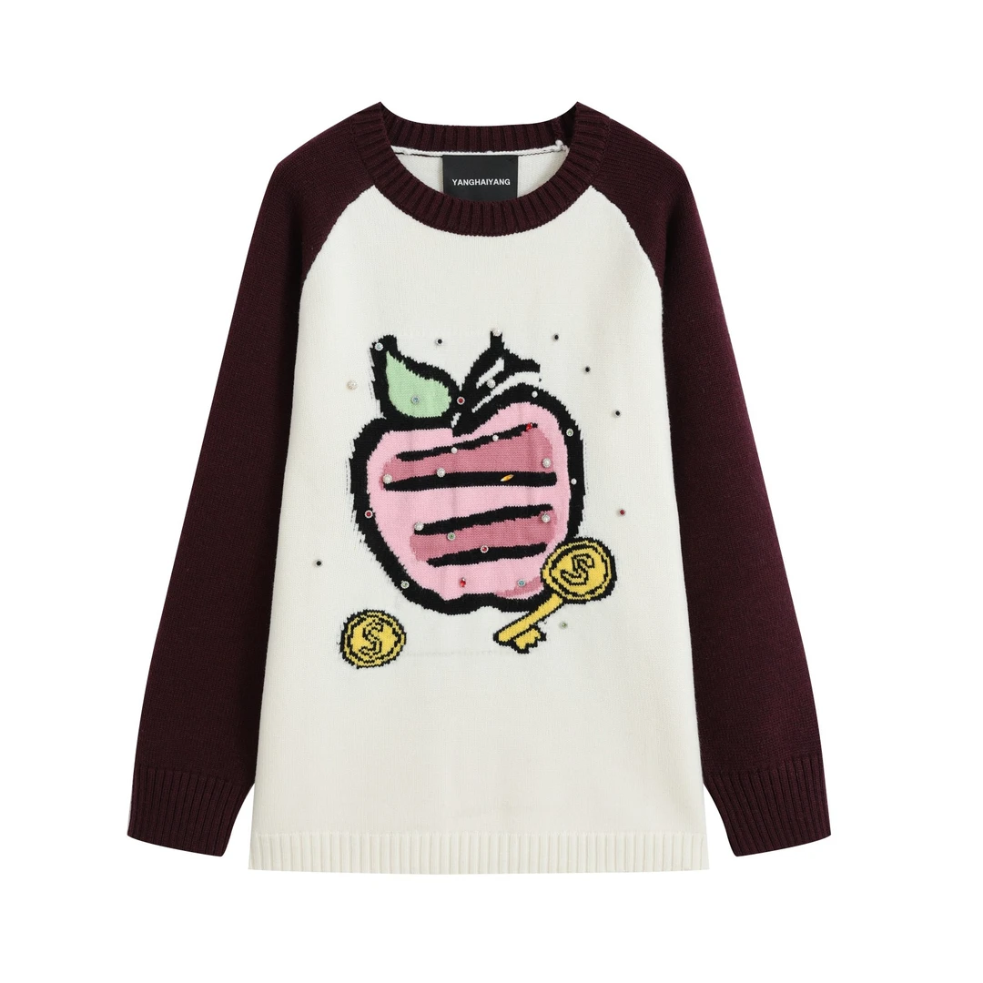 YANGHAIYANG水果彩钻插肩袖毛衣休闲时尚圆领套头撞色