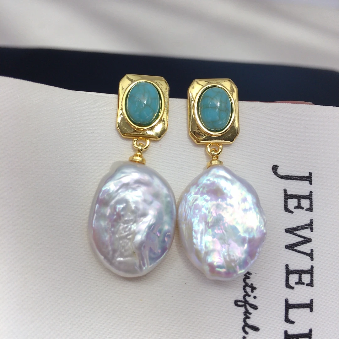 真珍珠方形绿松石复古天然淡水珍珠巴洛克耳钉女气质高级珍珠耳饰