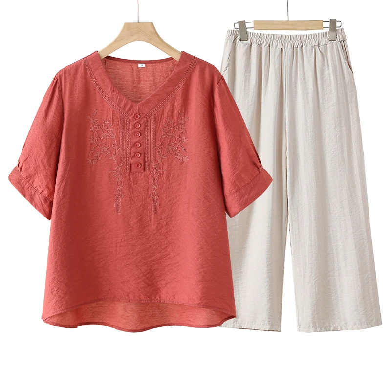 2025新款套装女裤子刺绣圆领夏季新款丝麻套装33079