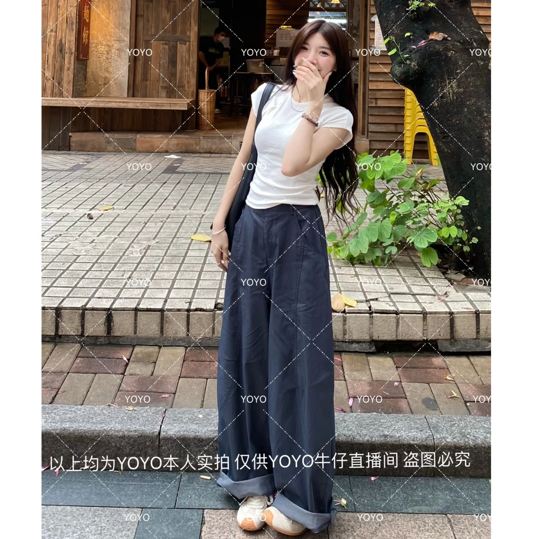 YOYO自制【金纱藏蓝】夏季薄款显瘦休闲显贵小众阔腿拖地裤