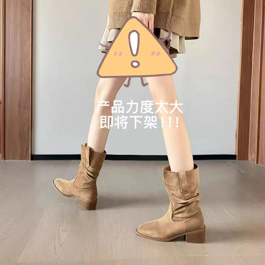 洋气好看时尚新废土风堆堆短靴子女粗跟复古中筒马丁靴西部牛仔靴