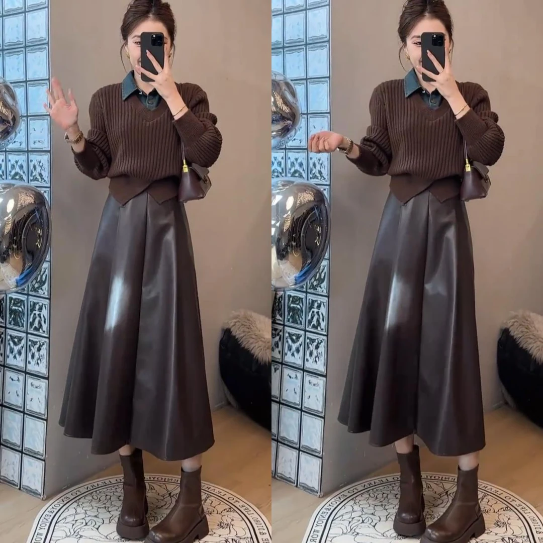 秋季搭配一整套春装女2025年时尚牛仔拼接针织毛衣半身皮裙两件套