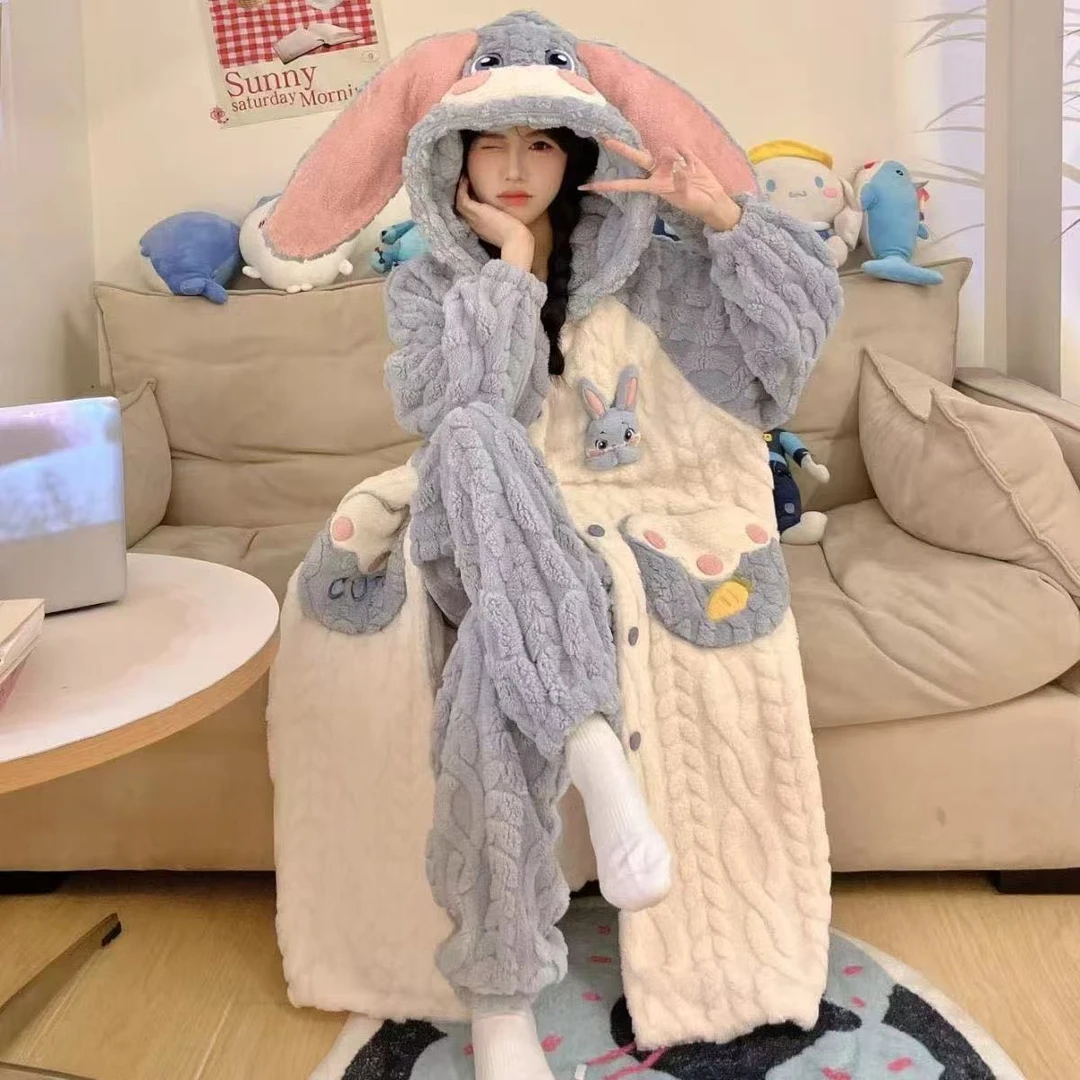 新款珊瑚绒睡衣女加厚保暖法兰绒家居服套装学生可爱时尚可外穿潮