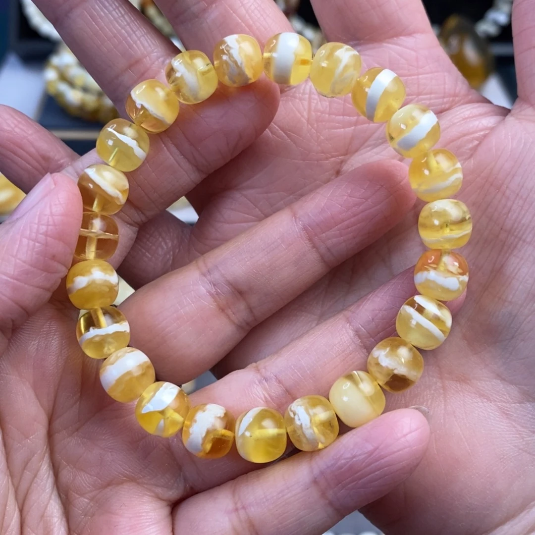 蜜蜡未镶嵌裸石金瓷白一线天老型手串9