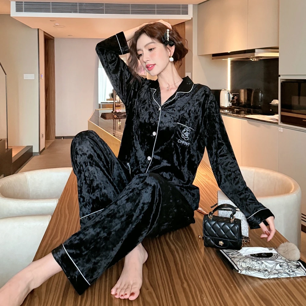 小香风金丝绒睡衣女春秋季2025年新款长袖秋冬天家居服套装可外穿