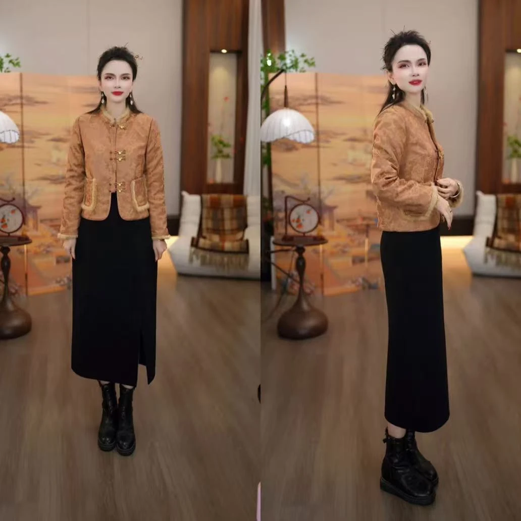 【外套+半身裙】 雪花绒新中式橘色加厚保暖外套+黑色半裙两件套