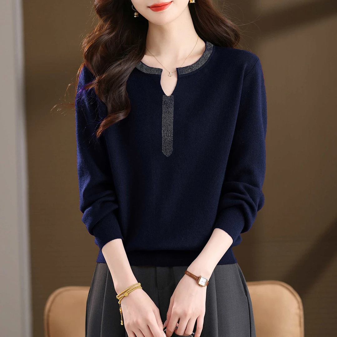 高端羊毛衫毛衣好看的早秋上衣2025秋冬新款设计感圆领烫钻洋气针
