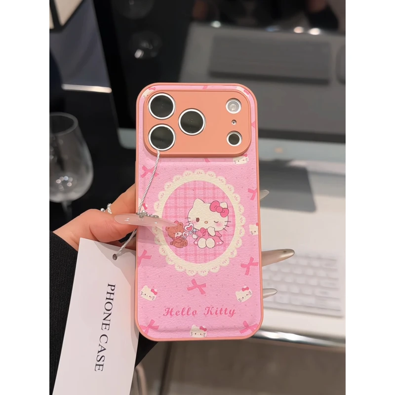 粉格纹小熊kt适用苹果17pro手机壳16PM肤感皮纹防摔华为p70小米15