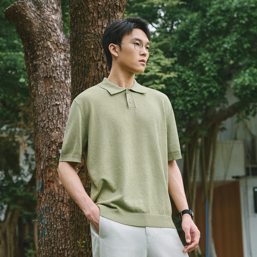 【仿亚麻透气不沾身纹理面料】夏季复古翻领POLO衫男黑色短袖