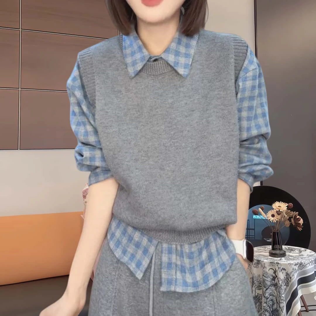 【衬衫+马甲】浅蓝色翻领格子衬衫女2025秋冬休闲针织马甲套装