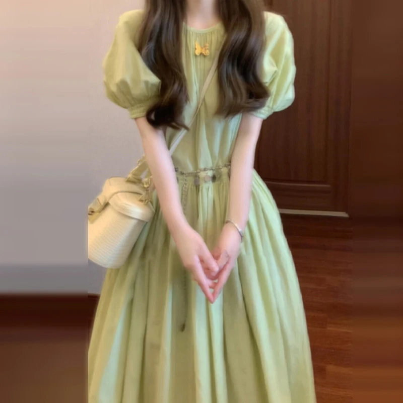 茶歇法式绿色连衣裙子女夏气质收腰绝美长裙3818