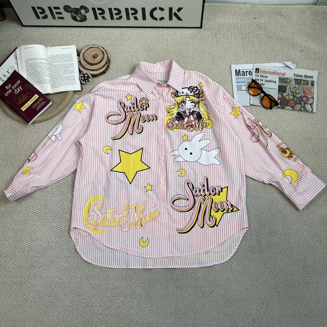 2025春季新款休闲宽松百搭条纹卡通字母印花衬衫长袖外套0695