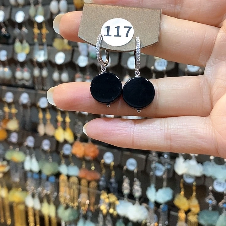 蛇纹石玉耳环银S925镶嵌