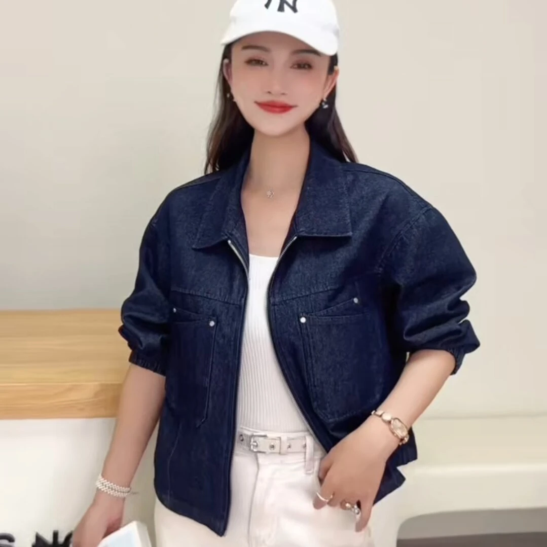 撞色短款气质立领外套女休闲百搭显瘦夹克2025秋新款大码牛仔外套