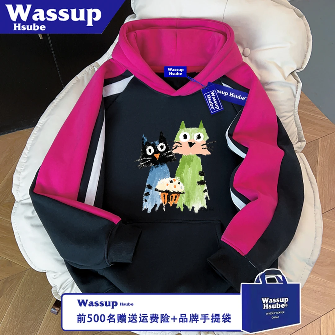 WASSUP HSUBE宽松秋冬印花可爱卡通蜡笔猫卫衣男女三条杠连帽上衣