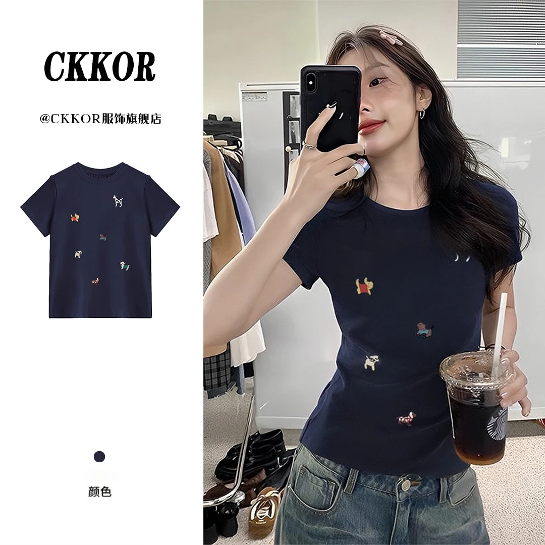 CKKOR夏季新款穿搭纯棉卡通动漫印花小狗短袖女T恤慵懒风休闲上衣