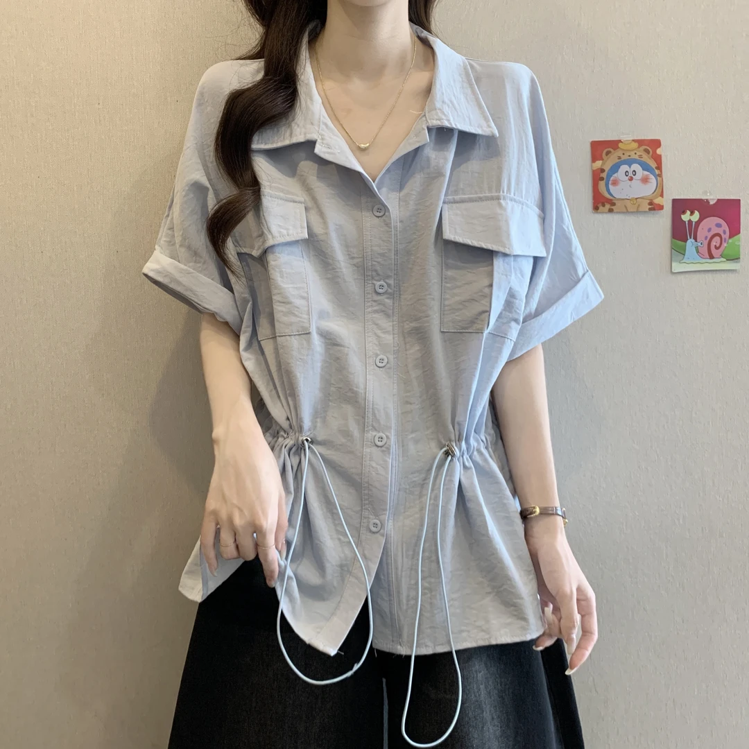 大码女装胖mm工装短袖衬衫2025新款夏季显瘦遮肚抽绳收腰薄款上衣