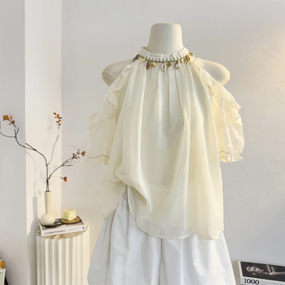 法式温柔风挂脖露肩短袖衬衫女2025夏季设计感荷叶边雪纺小衫上衣