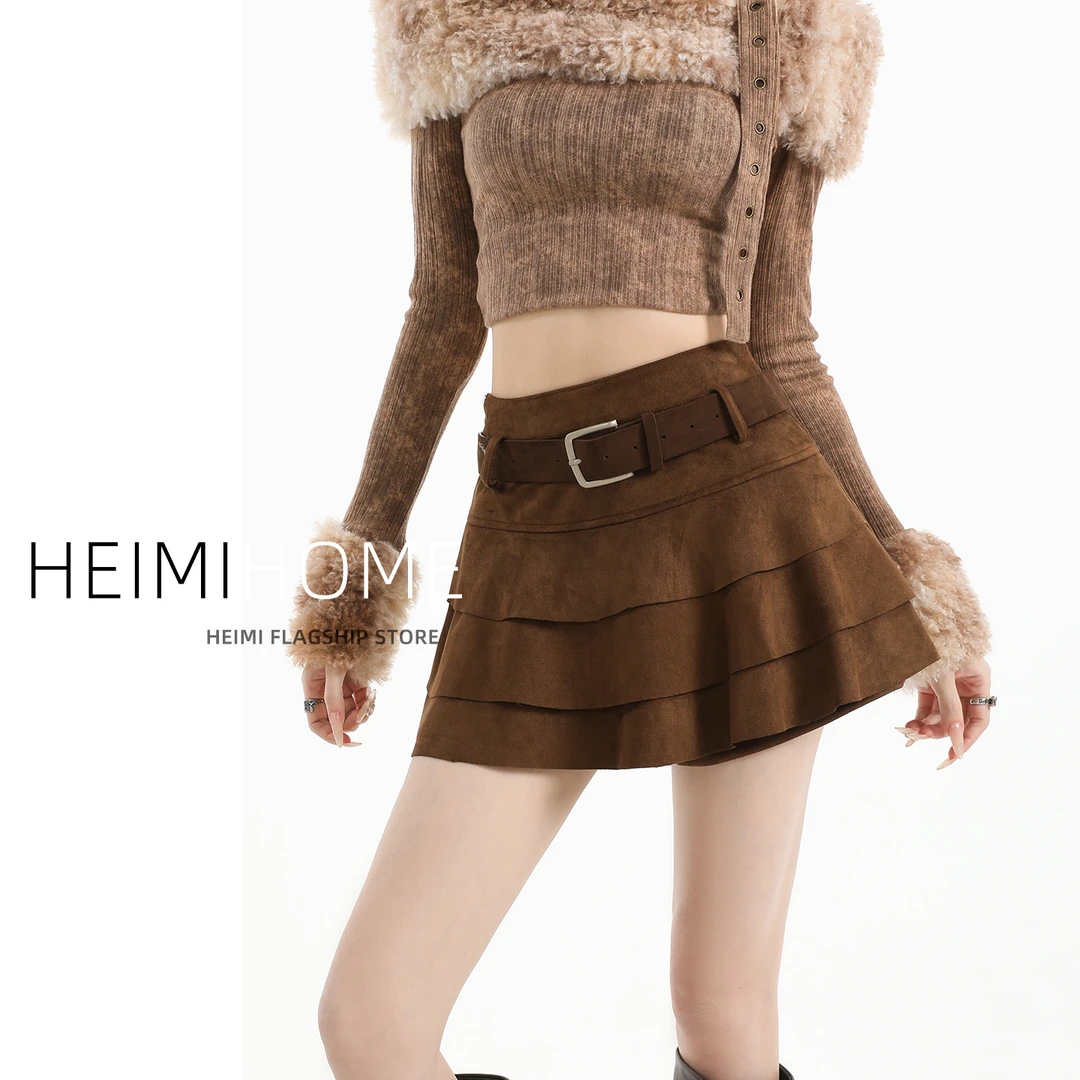 美拉德咖色皮绒半身裙女春秋冬季高腰a字蛋糕短裙小个子蓬蓬裙裤