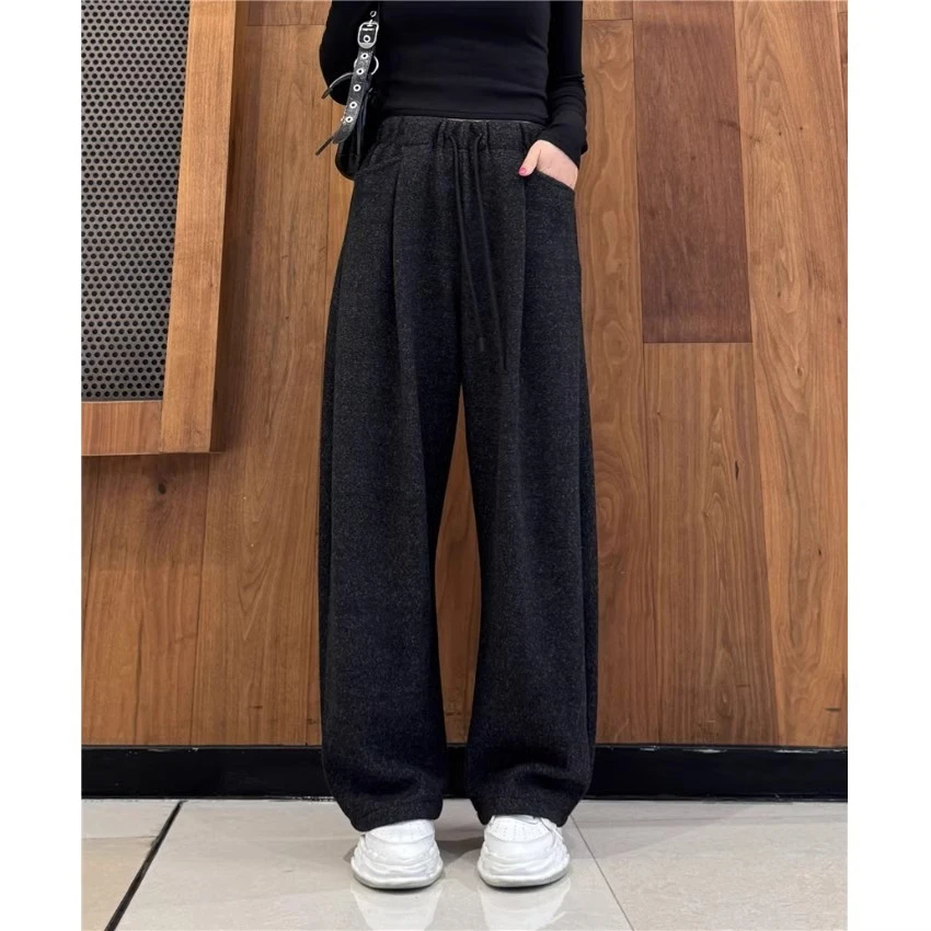 慵懒风云朵绒阔脚裤加绒加厚女冬新款韩版高腰宽松休闲弯刀裤