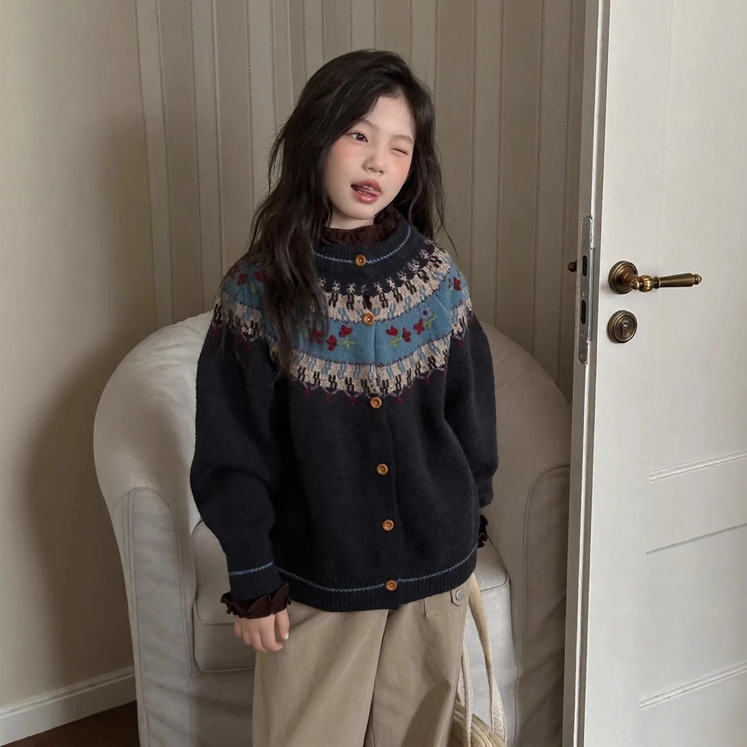 女童费尔岛毛衣开衫2025新款冬装中大童8-15岁针织衫女孩洋气上衣