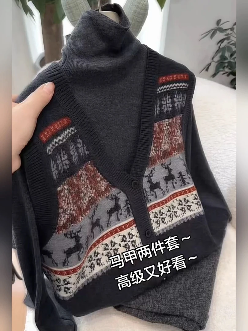费尔岛风麋鹿提花灰色针织马甲女秋冬新款打底马甲叠穿两件套毛衣