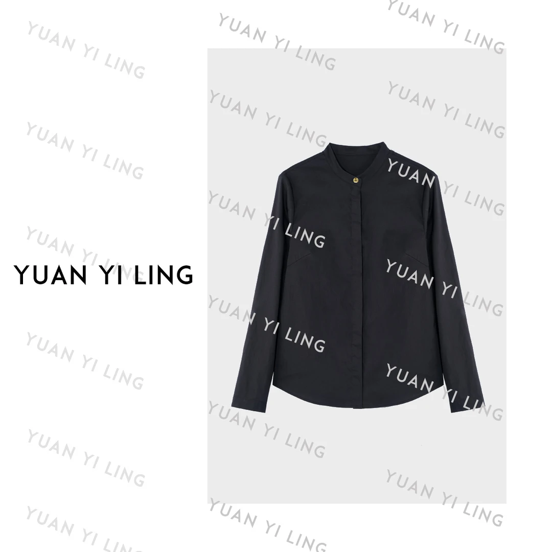 袁艺灵【经典】25秋季新款黑白文艺立领一字肩极简刚需衬衫