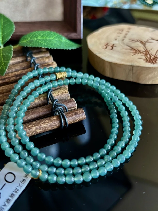 缅甸天然A货翡翠蓝水珠链冰透海蓝圆珠卡3.9mm时尚渐变