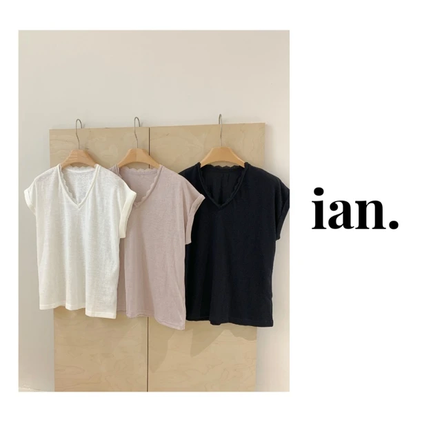 【ian】夏季百搭V领蕾丝边T恤落肩设计舒适透气短款上衣