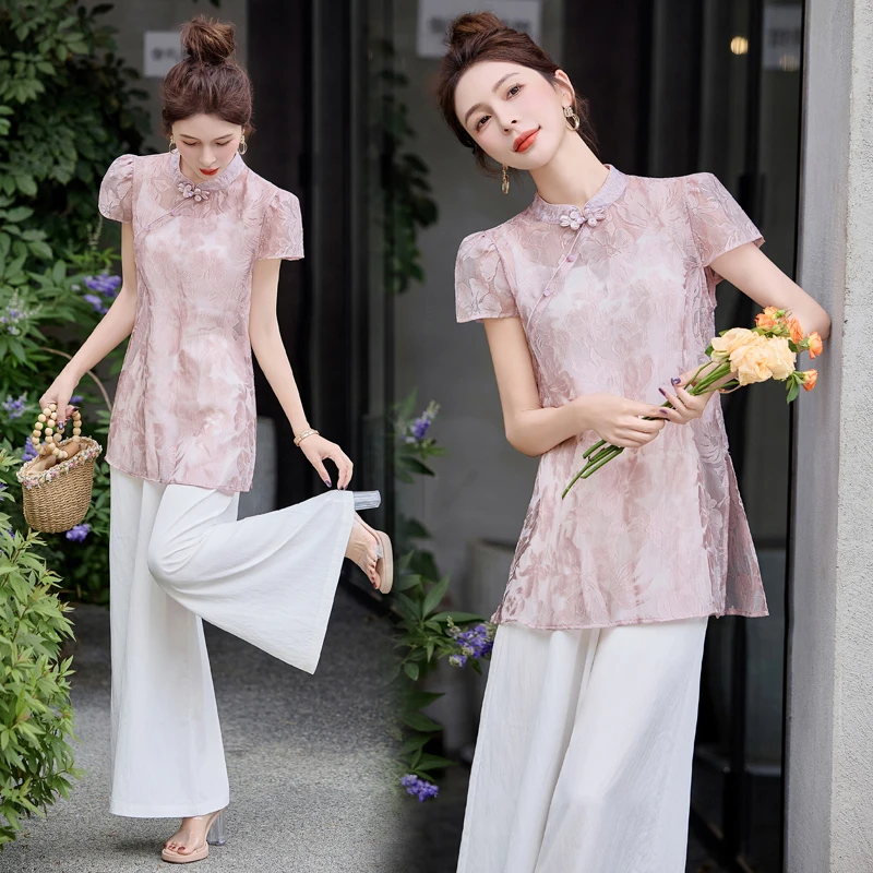 新中式改良旗袍上衣套装女2025夏季新款提花盘扣氛围感国风两件套
