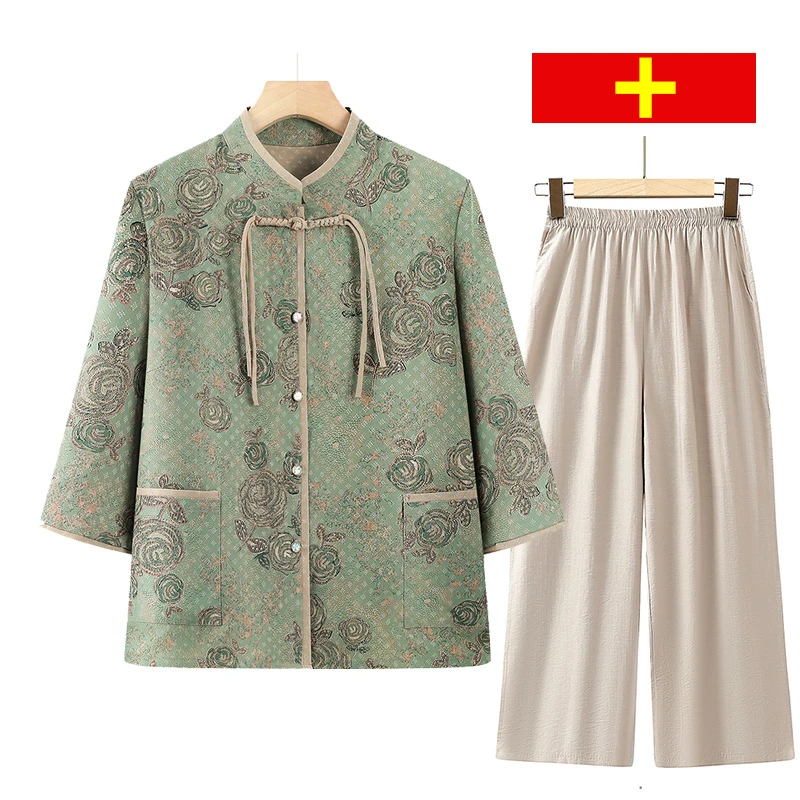 妈妈新款衬衫中老年人夏季七分袖衬衣女奶奶立领开衫上衣两件套