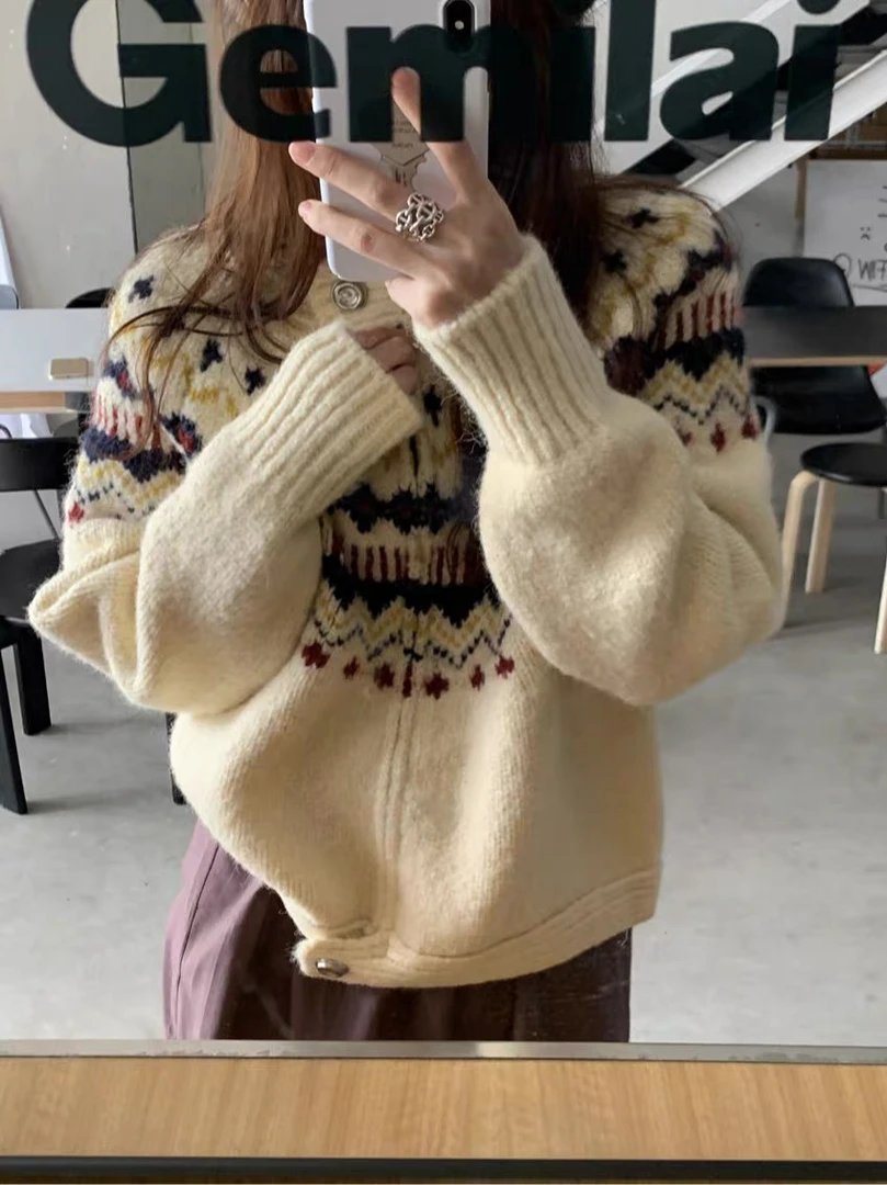 费尔岛上下纽扣拉链宽松针织开衫毛衣韩系