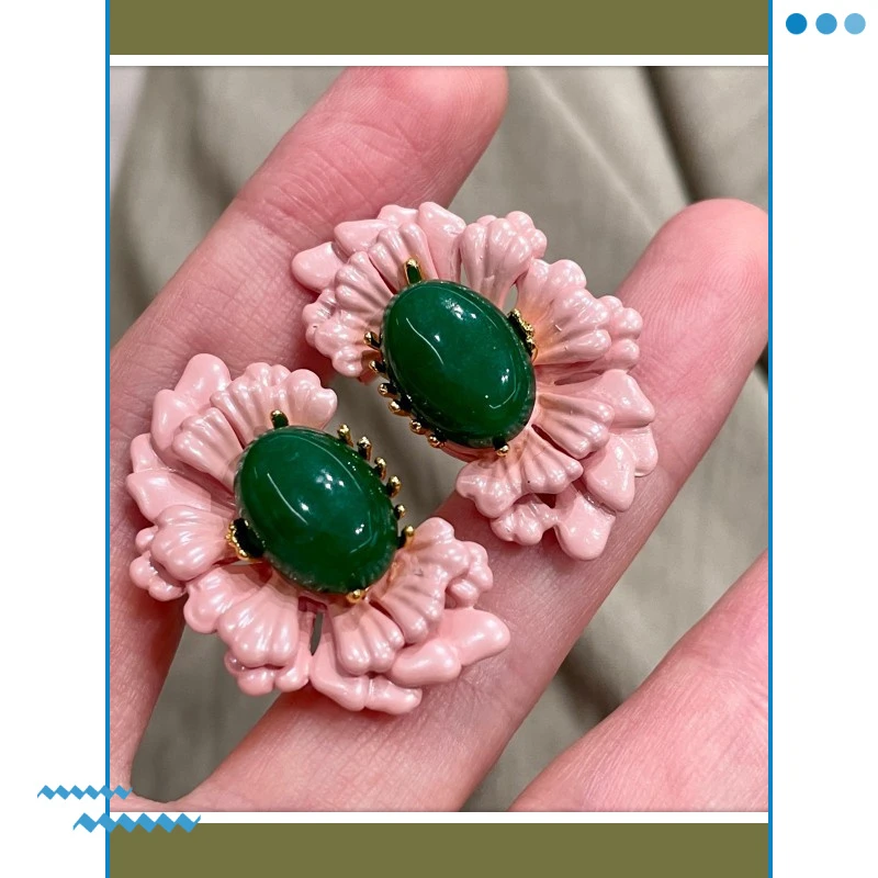 铜合金锆石耳饰 复古宫廷风古风新款古典绿色海棠花耳钉适合女士