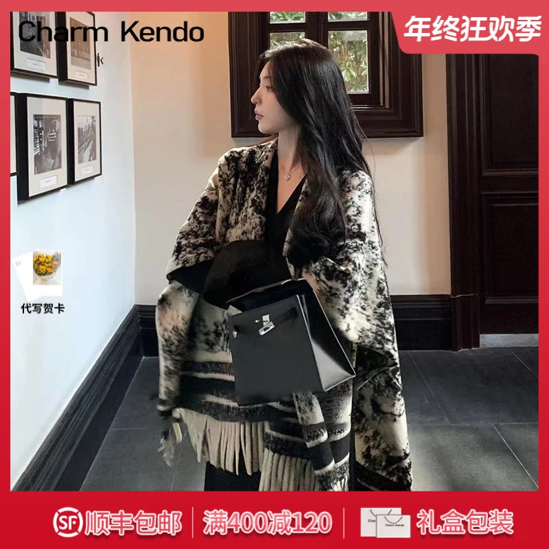 Charm Kendo披肩围巾女冬季外搭水墨画双面复古百搭保暖斗篷外套
