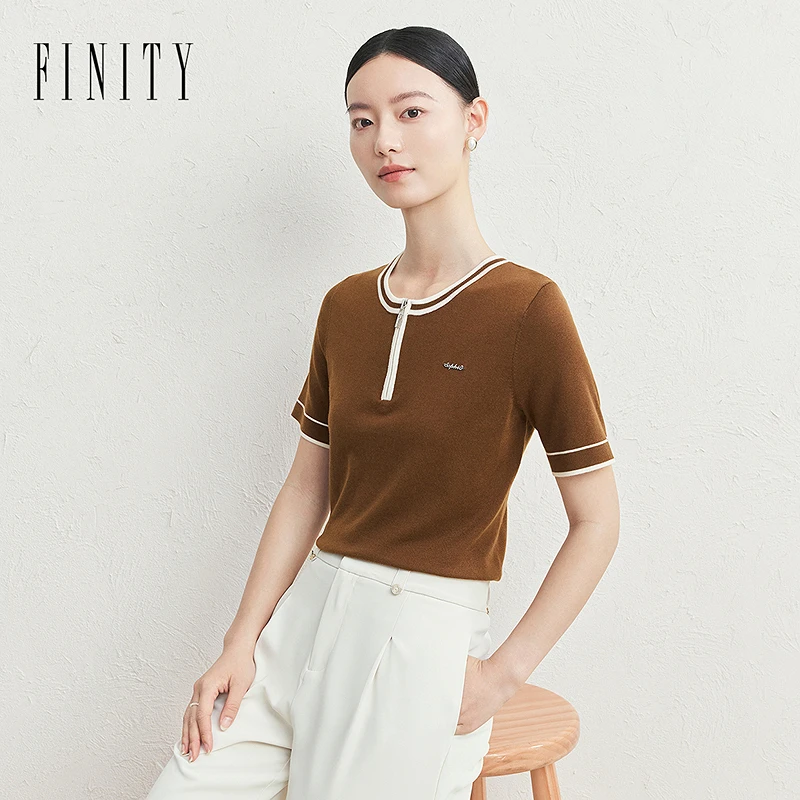 FINITY新品毛针织衫气质时尚休闲百搭简约圆领套头撞色