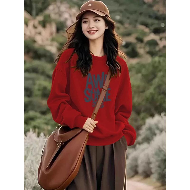 圆领卫衣女士2025秋冬季新款大码胖mm小个子宽松休闲套头上衣外套