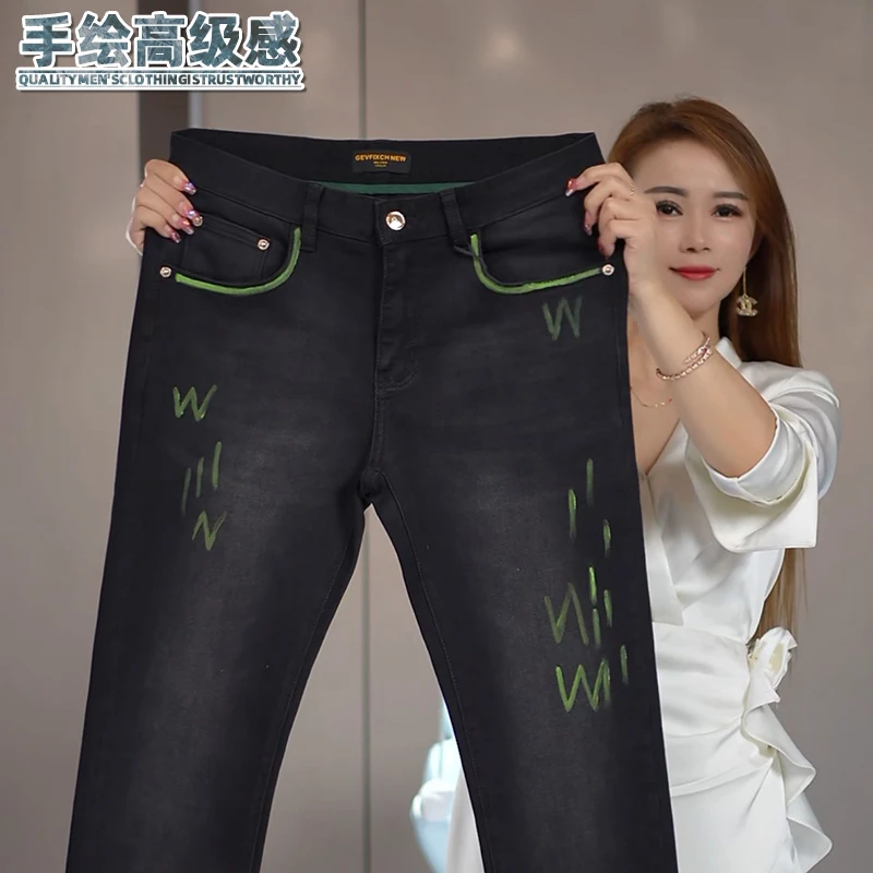 人工手绘黑灰色牛仔裤男士秋季新款欧货弹力男装修身柔软长裤子男