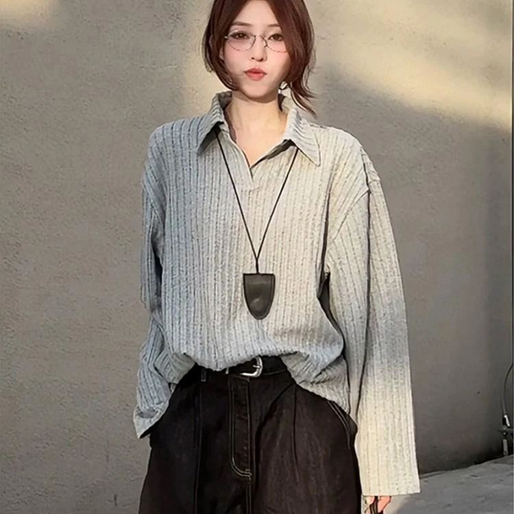 灰色麦穗纹针织长袖t恤男女秋季肌理感v领polo衫老钱风宽松打底衫