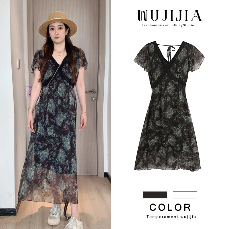 五季家【星空】夏季显瘦黑色连衣裙碎花气质大码女装思思ZL109075