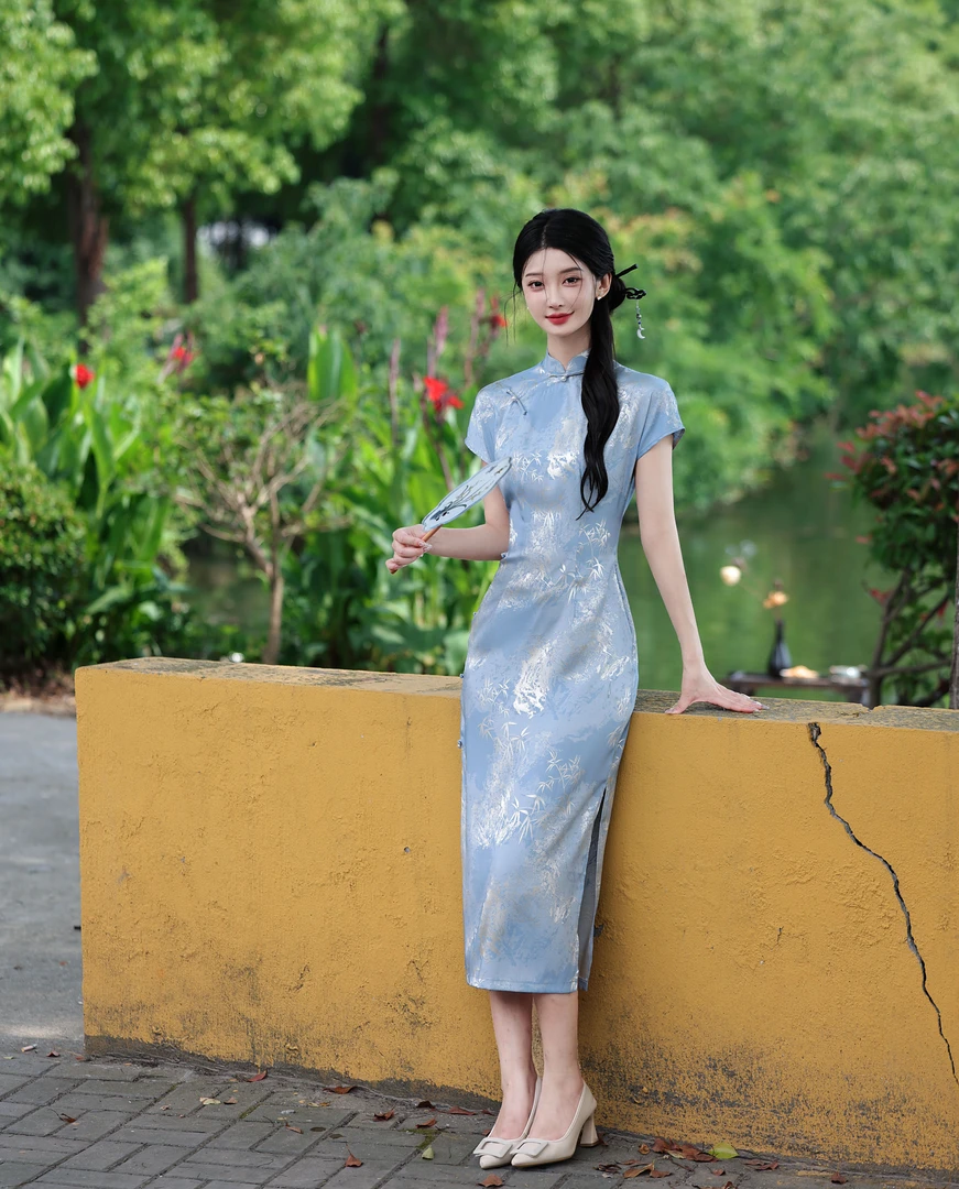 <蓝竹>短袖提花法式气质旗袍立领蕾丝竹叶夏季新中式优雅5249