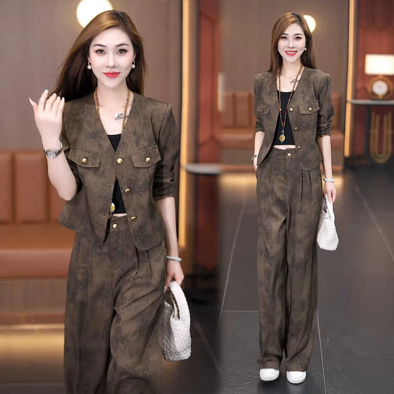 La babite时尚套装秋季新款时髦洋气短外套阔腿裤显瘦气质两件套